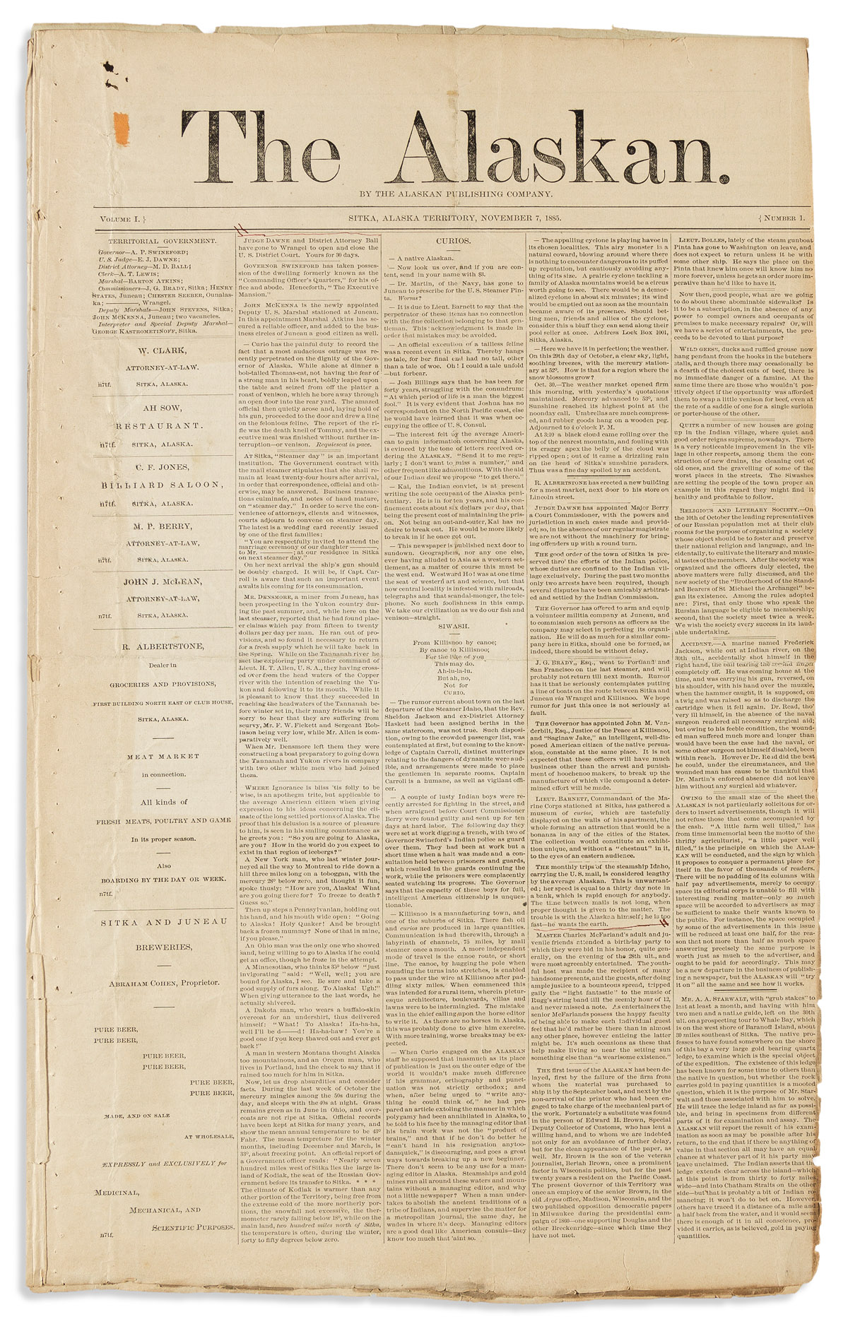 (ALASKA.) Three early issues of the weekly newspaper The Alaskan, including the first issue.